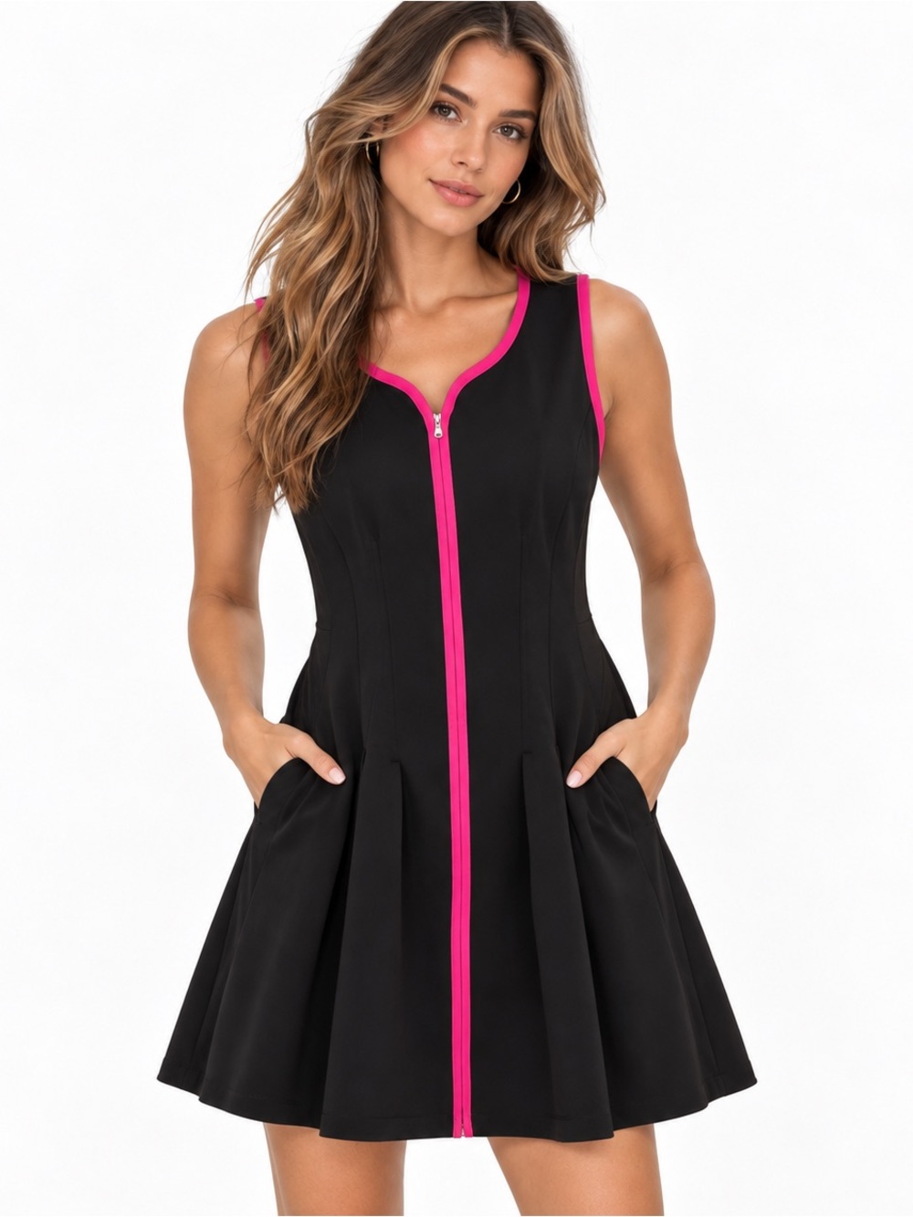 Betsey Johnson Black Dress with Hot Pink Trim Front Zip Fit-and-Flare
